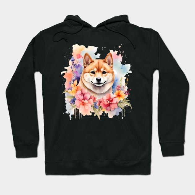 A shiba inu decorated with beautiful watercolor flowers Hoodie by CreativeSparkzz